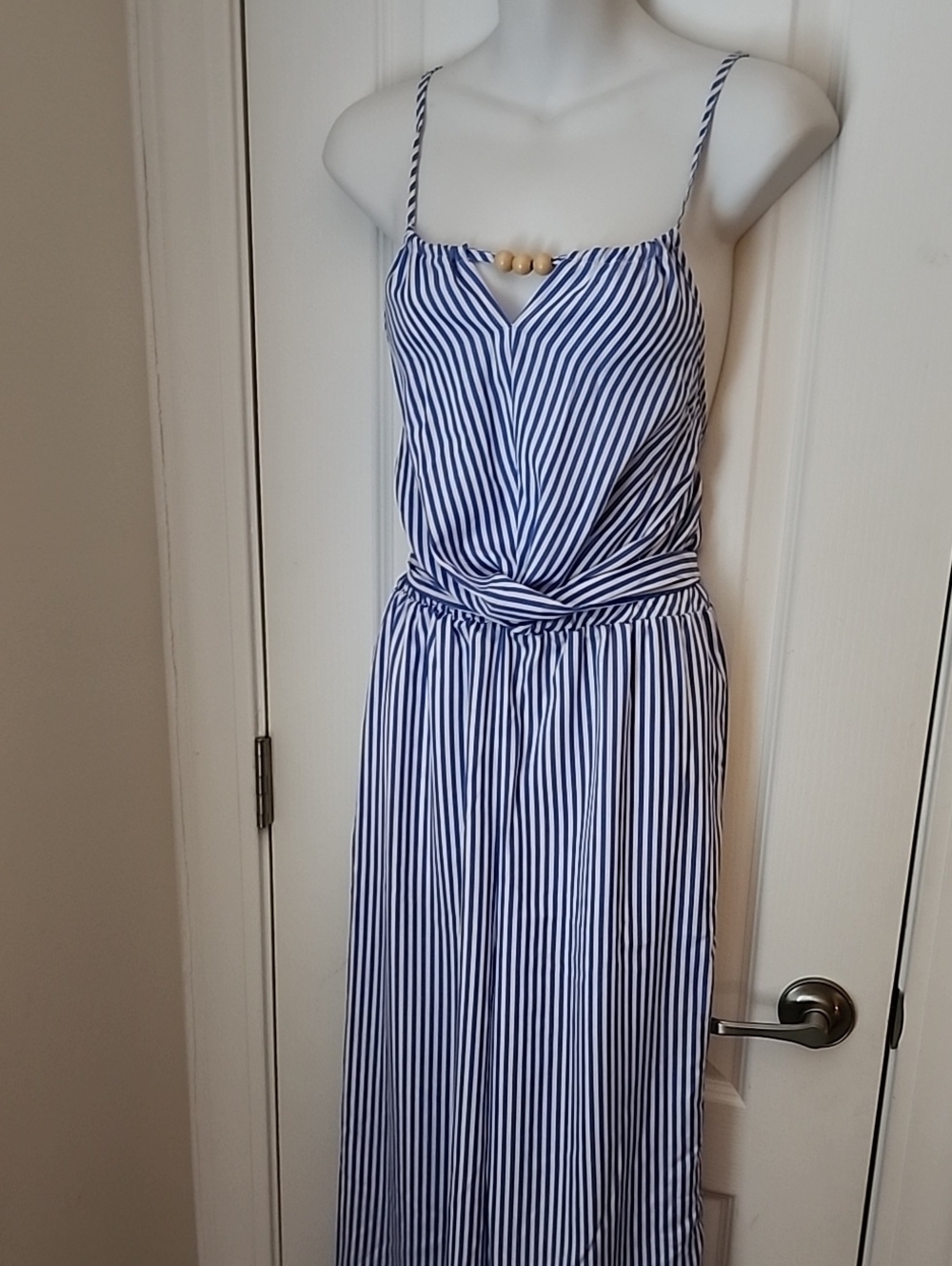 Blue and White Striped Maxi Dress Pants with Spaghetti Straps